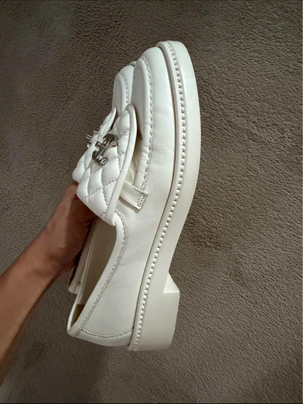 CHANEL White Quilted Leather Loafers with Silver CC Emblem